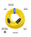 Heavy Duty Outdoor Extension Cord 100 Ft 12 Gauge 3 Conductor SJTW Water Weather Resistant Flame Retardant Yellow 3 Prong Plug