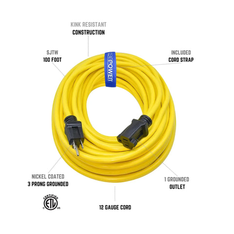 Heavy Duty Outdoor Extension Cord 100 Ft 12 Gauge 3 Conductor SJTW Water Weather Resistant Flame Retardant Yellow 3 Prong Plug