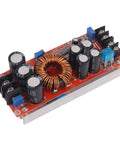 Beefy 1200W 20A DC-DC Boost Converter for Cars, Step-Up Power Supply Module with copper coil and capacitors on red circuit board