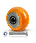 Four By Two Inch Heavy Duty Caster Wheels Set Of Fifty, Industrial Aluminum Core And Polyurethane Crowned Tread Providing Eight Hundred Pound Load Rating Per Wheel with orange wheel and bolt