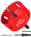 Knockout 3 Inch Hss Bimetal Hole Saw Kit With Pilot Drill Bit And Arbor showing red bimetal saw with drill bit for wood and plastic.