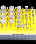 Top view of Oudtinx 50-piece diamond-coated grinding burrs set for Dremel rotary tool in yellow tray