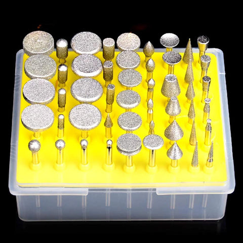 Top view of Oudtinx 50-piece diamond-coated grinding burrs set for Dremel rotary tool in yellow tray