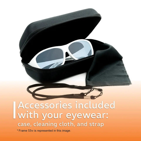 Battle Tested NoIR Laser Safety Glasses Featuring A Hella Comfortable Wraparound Fit For Maximum Ultraviolet And Infrared Eye Protection Laser Grade Durability in case with cleaning cloth and strap.
