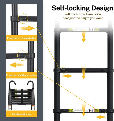 Close-up of self-locking design on All Around Workhorse Extendable Aluminum Ladder 10.5 Ft with 330 Lb Load, showing adjustments.