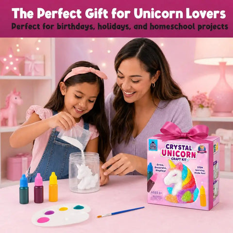 Grow Your Own Unicorn Crystal With This Hands On STEM Kit For Kids Ages 8 12 A Fun Screen Free Science Craft That Merges Science And Art boxed unicorn crystal kit with child and adult mixing powder