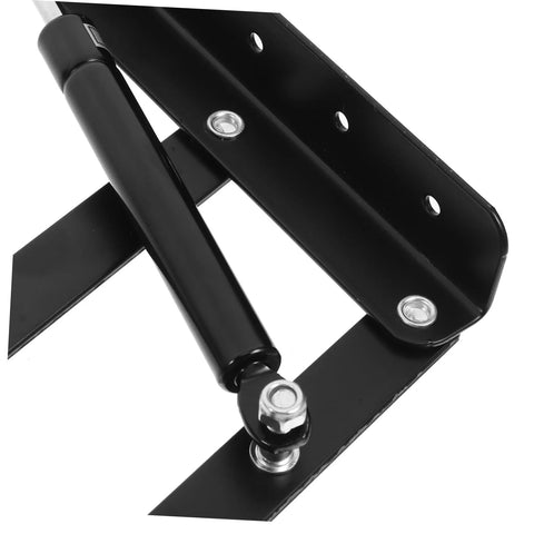 Black metal heavy-duty lift hinge with spring-loaded arm for drop-leaf table; mounting holes visible.