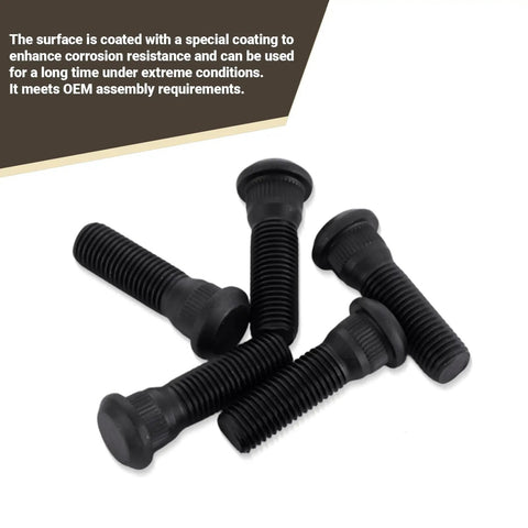 Heavy Duty M12 X 1.5 Extended Wheel Studs Paired With 48mm Hub Bolts, black steel wheel studs with corrosion resistance finish.