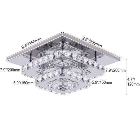 9.8 Inch Square Crystal Flush Mount LED Ceiling Light With Switch Control Three Color Temperature 3000K 6500K K9 Crystal Mirror Base Non Dimmable