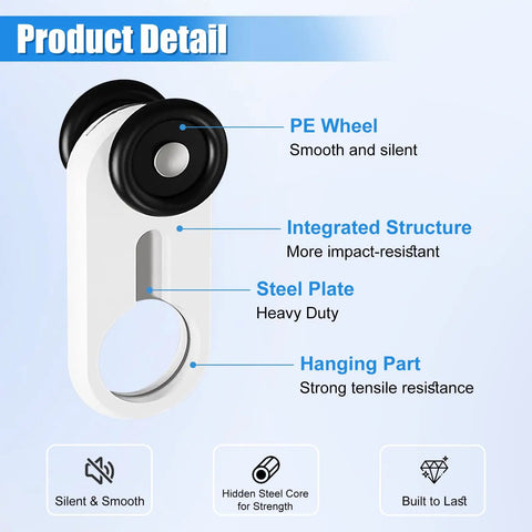 Heavy Duty Curtain Track Rollers With Whisper Quiet Gliding For Slick Moving Ceiling Or Wall Mounted Drapes Top Tier Aluminum Alloy Hardware Set In Clean White Finish close-up of PE wheel with integrated structure and steel plate detailing.