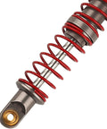 110mm Adjustable RC Shock Absorber With Washers For 1 To 10 RC Truck Crawler Axial SCX10 90046 TRX 4 D90 Upgrade Part Beefed Up Dual Stage Spring Rate CNC Machined with red springs, close-up view