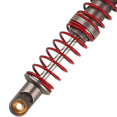 110mm Adjustable RC Shock Absorber With Washers For 1 To 10 RC Truck Crawler Axial SCX10 90046 TRX 4 D90 Upgrade Part Beefed Up Dual Stage Spring Rate CNC Machined with red springs, close-up view