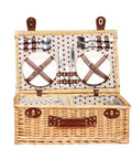 Picnic Basket Set for Four With Insulated Cooler Bag, open view showing cutlery, plates, and glasses secured inside.
