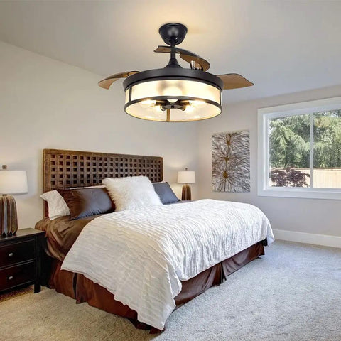 Industrial 42 Inch Ceiling Fan With Light And Retractable Blades, Vintage Acrylic Chandelier Style Ceiling Fan Light Fixture in bedroom