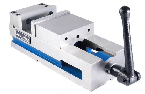 4 Inch Super Lock Precision CNC Machine Vise With Thrust Bearing For Rock Solid Clamping Power Built For Milling 4 Inch Jaw Width 1.259 Inch Jaw Height 45 Steel Jaws Ductile Iron Body Heavy Duty CNC Workholding, with handle