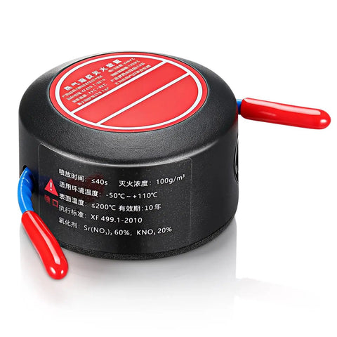 Top Shelf Automatic Car Fire Extinguisher Hardened Aluminum Body Slick Aerosol Canister compact design with red nozzle, uses heat detection.