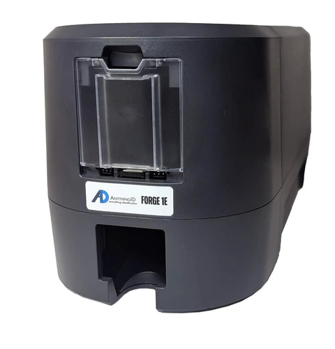 Ready To Roll Dual Sided Id Card Printer System With Hd Webcam, Plug And Play Management Software Bundle, Includes One Hundred Pvc Badge Cards And Full Color Ribbon, Made In Usa - Forge 1E printer front view.