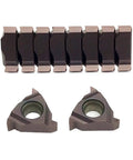 Ten Pack Of Premium Carbide Turning Inserts For CNC Metal Lathe Tool High Wear Resistance Precision Thread Cutting Machine Shop Gear shown in a row with two triangular inserts.