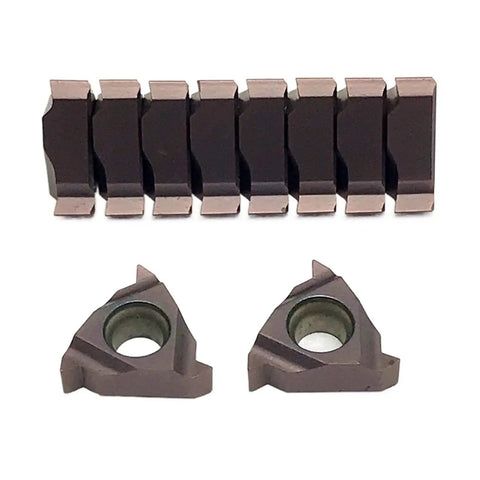 Ten Pack Of Premium Carbide Turning Inserts For CNC Metal Lathe Tool High Wear Resistance Precision Thread Cutting Machine Shop Gear shown in a row with two triangular inserts.