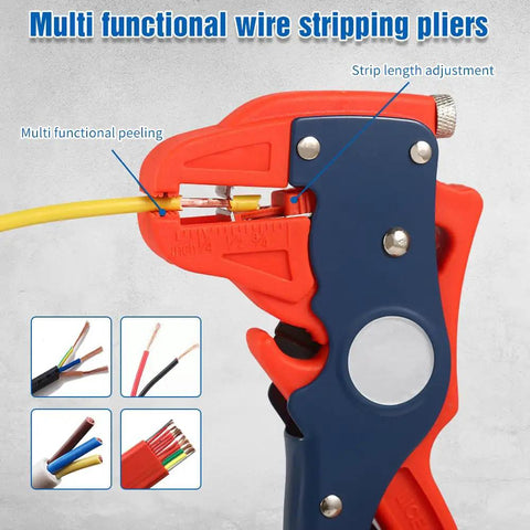 2 In 1 Self Adjusting Wire Stripper And Cutter With Depth Stop Automatic Wire Stripping Pliers shown stripping yellow wire