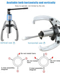 Heavy Duty Hydraulic Gear Puller Set With Adjustable Two Or Three Jaws Bearing Hub Separator diagram showing vertical and horizontal use