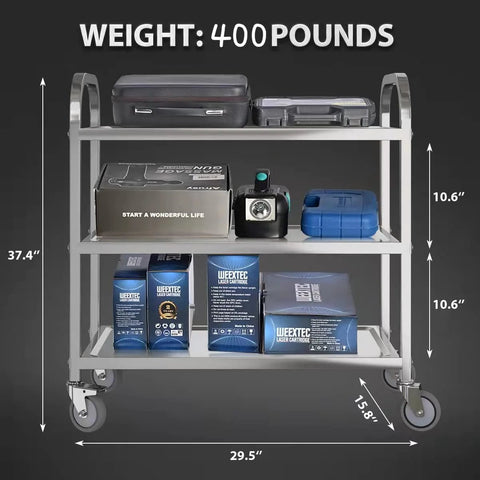 Three Shelf Stainless Steel Serving Cart With Wheels 400 Lb Capacity 1mm Thick Steel Locking Wheels And 360 Degree Rotation Home Kitchen Utility Trolley with supplies