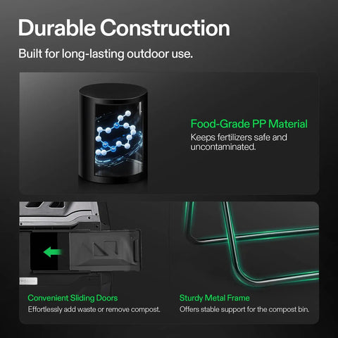 Outdoor Tumbling Composter Dual Rotating Batch Bin 43 Gallon Capacity With Two Chamber Setup For Continuous, Efficient Home Composting Easy Turn Design Odor Control Black Door shown with durable construction details.