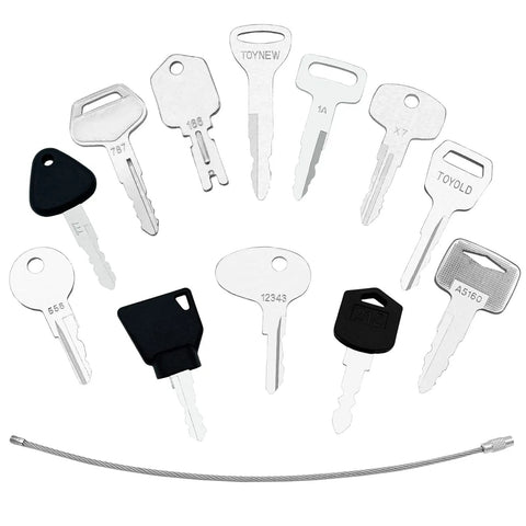 12 Heavy Equipment Forklift Keys Master Set On One Ring, including keys for Caterpillar, Komatsu, and more, with organized key ring