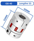 Diagram of a 40mm by 55mm aluminum flexible shaft coupling with 15 to 20mm bore, featuring zero backlash and high torque plum elastomer.