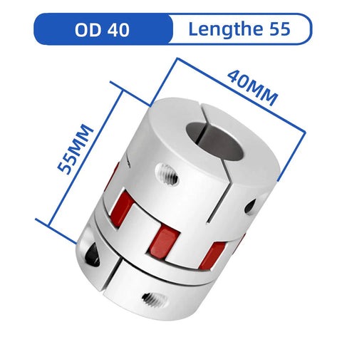Diagram of a 40mm by 55mm aluminum flexible shaft coupling with 15 to 20mm bore, featuring zero backlash and high torque plum elastomer.