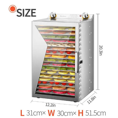 Straight Up Boss Stainless Steel Freeze Dryer With Twelve Sturdy Trays And Smart 12 Hour Timer showing fruits and vegetables on trays.