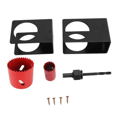 Top Tier Door Entry Lock Installation Kit With Precision Guide Template And Hole Saw Tools Fits 1 3/8 To 1 3/4 Inch Wood Doors For Mess Free Cutouts Every Time, two black guides, red hole saws, arbor, screws