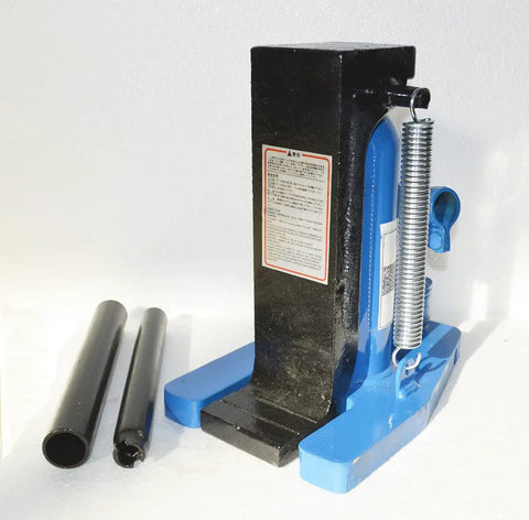 Beefy Hydraulic Bottle Jack With Pump Handle And Alloy Steel Lift Five Ton Top Capacity And Two Point Five Ton Toe Support shown