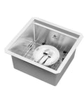 Undermount Stainless Steel Workstation Sink With Ledge, Single Bowl, 304 Grade, 15x15x8 Inch, Includes Grid, top view with dishes