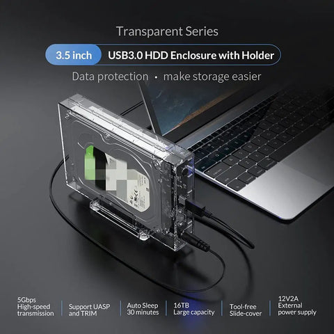 Slick Transparent Hard Drive Enclosure Built For 2.5 Inch Solid State Drives And 3.5 Inch Mechanical Disks Featuring Usb 3.0 Inputs shown connected to a laptop.