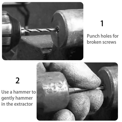 Step-by-step use of Five Piece Easy Out Bolt Extractor Set With Straight Fluted Screw Extractors For Removing Damaged Screws Bolts And Studs Quickly Square Type Heavy Duty Fastener Removal Tool Kit