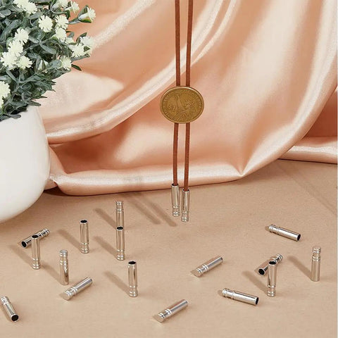 60Pcs Bolo Tie Tips And Cap Buckles Set In Silver Tone, 21.5mm Long With 4mm Inner Diameter, Alloy Bolo Findings For DIY Jewelry Making, Garment Decoration And Craft Projects, Platinum Finish, shown with cord and tips