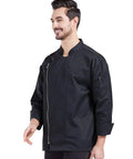 Professional Black Long Sleeve Chef Jacket With Rugged Zipper Closure And Ultra Breathable Kitchen Cook Uniform, worn by a smiling male chef.