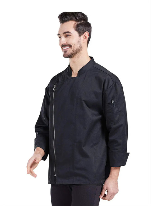 Professional Black Long Sleeve Chef Jacket With Rugged Zipper Closure And Ultra Breathable Kitchen Cook Uniform, worn by a smiling male chef.