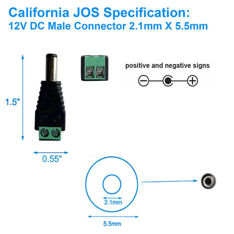 Rock Solid 12V DC Power Splitter With Two Male And Two Female Barrel Connectors For LED Strip Lights And CCTV Cameras dimensions and connectors specifications.