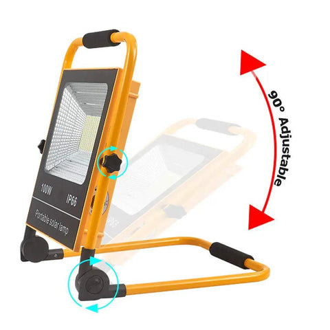 Legit Heavy 100W Portable LED Flood Light With Solar Panel And Rechargeable Battery, adjustable 90-degree foldable bracket.