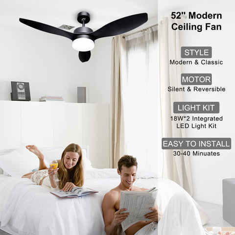 52 Inch Ceiling Fan With Remote And Light For Indoors Or Outdoors Black Ceiling Fan Light For Patio Kitchen Bedroom Nursery