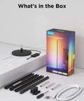 Govee Floor Lamp Basic packaging box and disassembled lamp parts (black poles, circular base, white power cord)