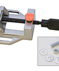 Solid Aluminum Drill Press Vise With Slick Quick Release Jaws For Tabletop Rig, showing trigger grip and threading.