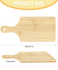 Bamboo cutting board with handle, 11 x 5 inches, 0.8 cm thick; front and side views.