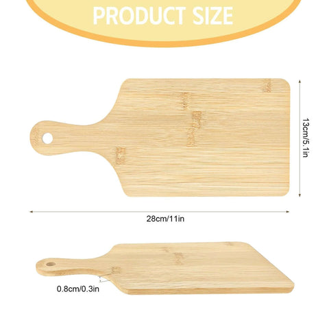 Bamboo cutting board with handle, 11 x 5 inches, 0.8 cm thick; front and side views.