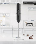 Effortless Milk Frother Handheld Foam Maker For Coffee Nerds Mini Whisk Drink Mixer For Cappuccino Latte Matcha And Hot Chocolate Includes Stand Black Cordless Battery Powered Requires Two AA Batteries Not Included standing on kitchen counter