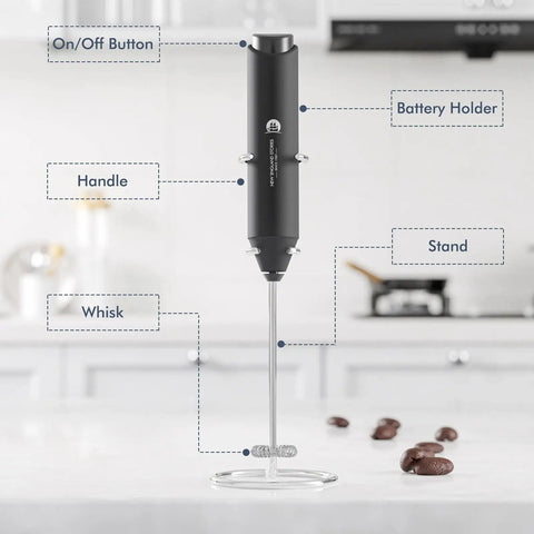 Effortless Milk Frother Handheld Foam Maker For Coffee Nerds Mini Whisk Drink Mixer For Cappuccino Latte Matcha And Hot Chocolate Includes Stand Black Cordless Battery Powered Requires Two AA Batteries Not Included standing on kitchen counter