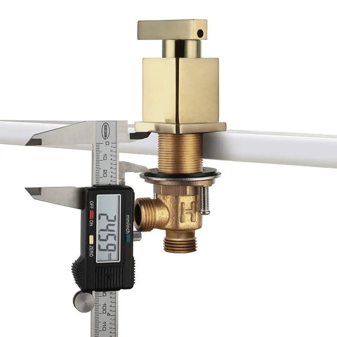Measurement of Brushed Gold Two-Handle Bathroom Faucet, 8-Inch Widespread 3-Hole Sink Fixture connector with digital caliper.