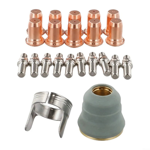 Ultimate 22 Piece Plasma Cutting Consumables Kit For IPT-60 PT-60 And IPT-40 Torch Heads, including electrodes, nozzles, and holder cap.